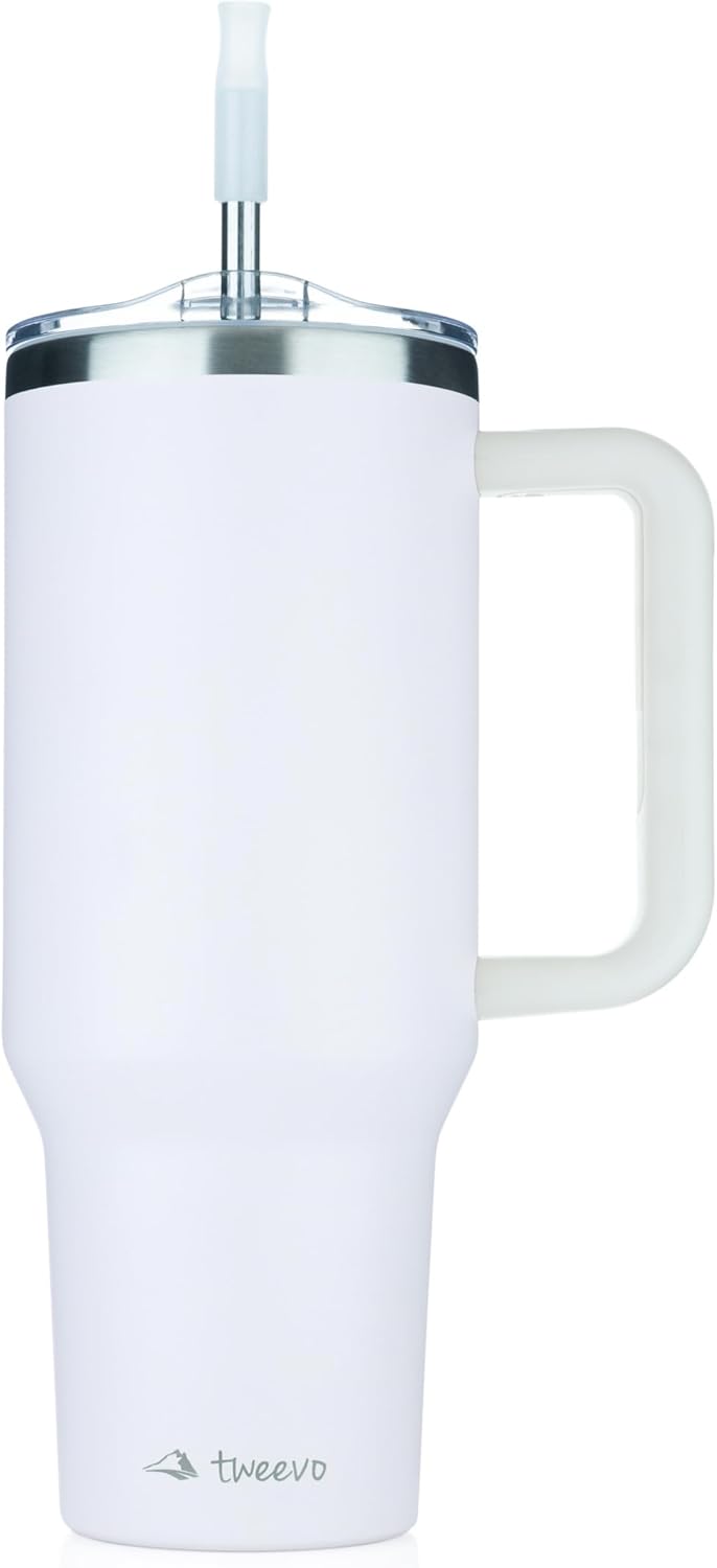 40 oz Tumbler With Handle and Straw Made of Stainless Steel - Double Wall Vacuum Insulated Tumbler With Lid - Sweat Proof Easy Grip, BPA-Free, Dishwasher Safe Tumbler (White)