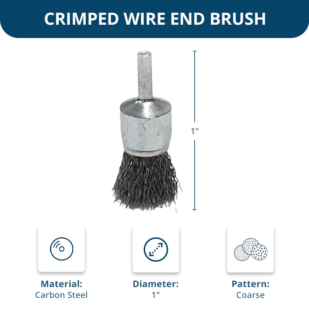 Benchmark Abrasives 1" Crimped Wire End Brush Die Grinder for Cleaning deburring on Cast Iron, Steel, Titanium, Nickel, 1/4" Shank for Rotary Tools (5 Pack) - Carbon Steel