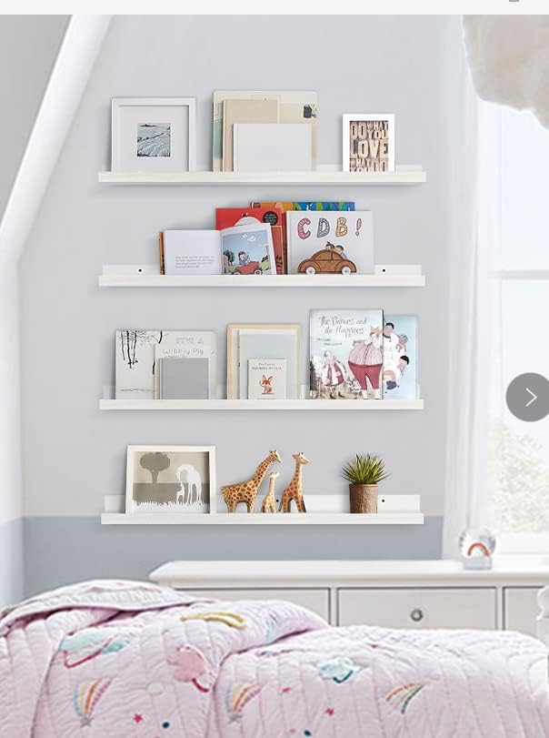 Forbena 36 Inch Floating Shelves for Wall 4-Pack, Large Nursery Book Shelves Bookshelf for Kids Bedroom, Long Picture Ledge Shelf with Lip for Living Room Photo Frames Art Display (White Solid Wood)