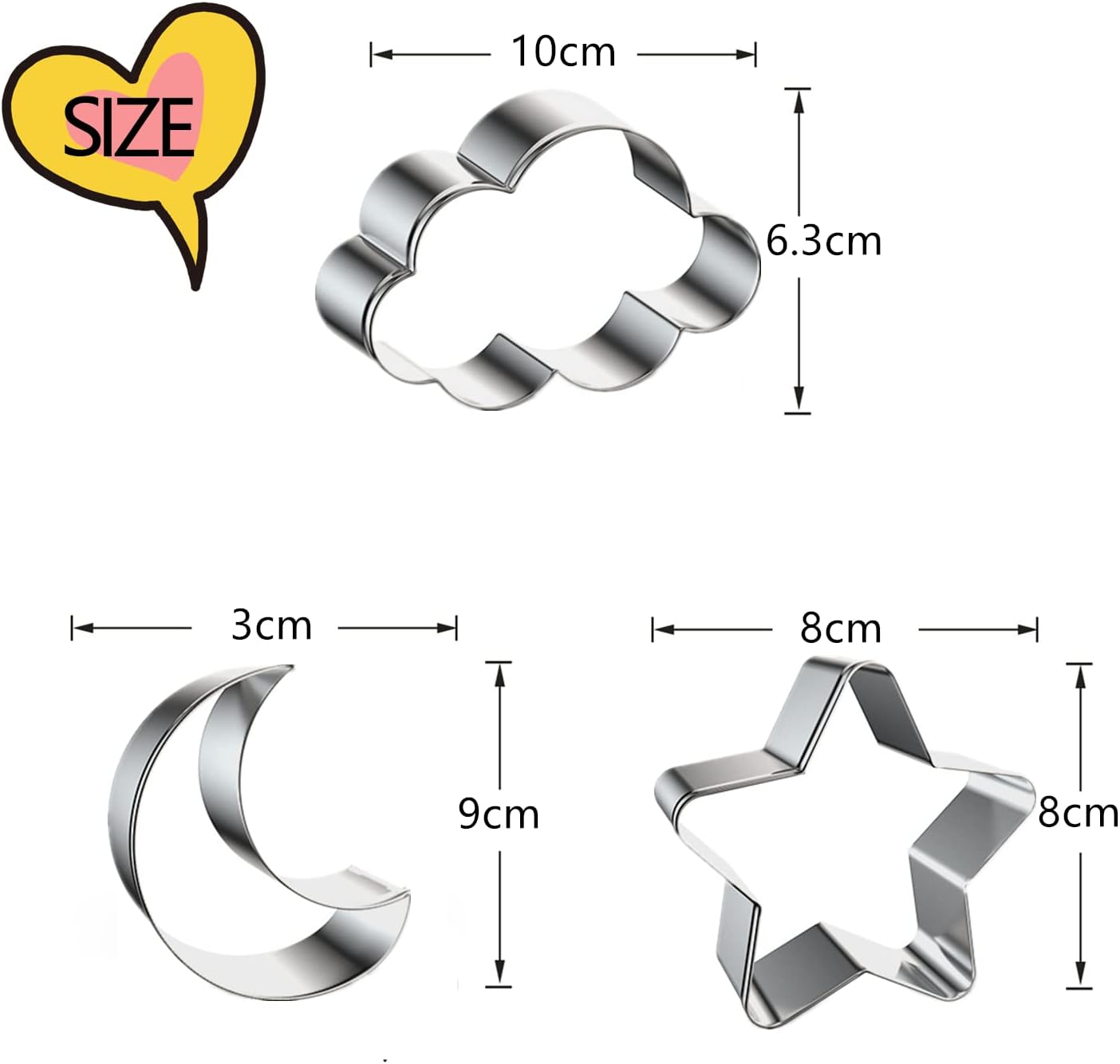 3 Pieces Star, Moon and Cloud Cookie Cutters Stainless Steel Biscuit Cutters Molds Shapes for Baby Shower or Gender Reveal Party