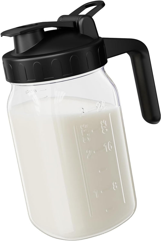 Breast Milk Pitcher Jug - 32 oz Glass Mason Jar Airtight Pitcher with Pour Spout Handle for Breastmilk, Iced Tea, Ice Drinks Storage Container（Black）