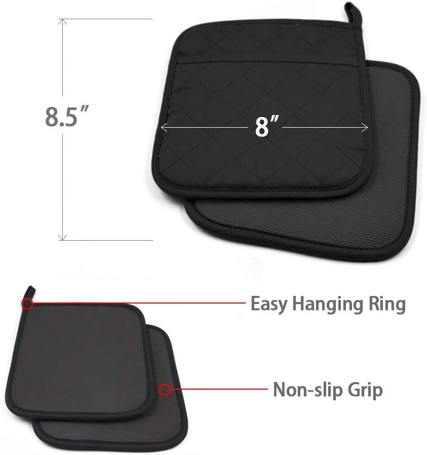 Cotton and Neoprene Oven Pads Pot Holders with Pocket 8"x8.5" Dual-Function Hot Pad Set for Finger Hand Wrist Protection Heat Resistant to 428°F Black