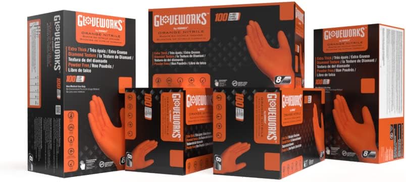 GLOVEWORKS Heavy-Duty Nitrile Gloves, Disposable, Latex Free, 8 Mil, Orange, Diamond Grip Glove