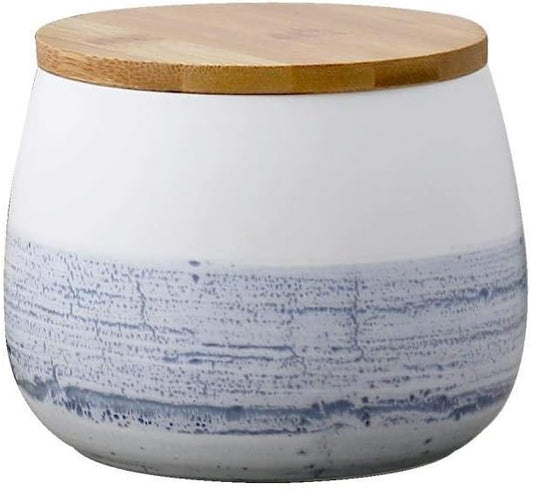 Food Storage Jar White Ceramic Food storage canister with Airtight Wooden Lid for serving Coffee, Tea, Sugar, Spice and More (700ml)