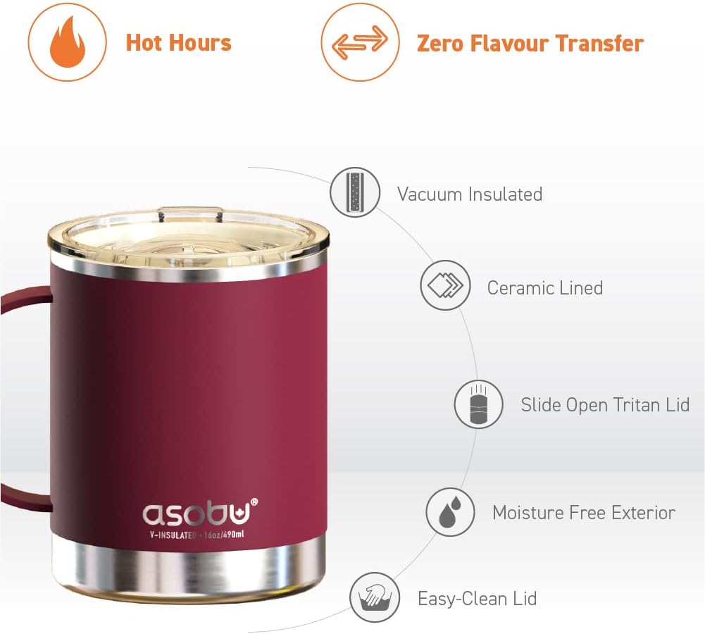 asobu Ultimate Ceramic Travel Mug, 12oz Insulated Stainless Steel Coffee Cup with Handle & Splash-Resistant Lid, Ceramic Lined for Pure Taste, BPA-Free, Double-Wall Vacuum for Hot Drinks
