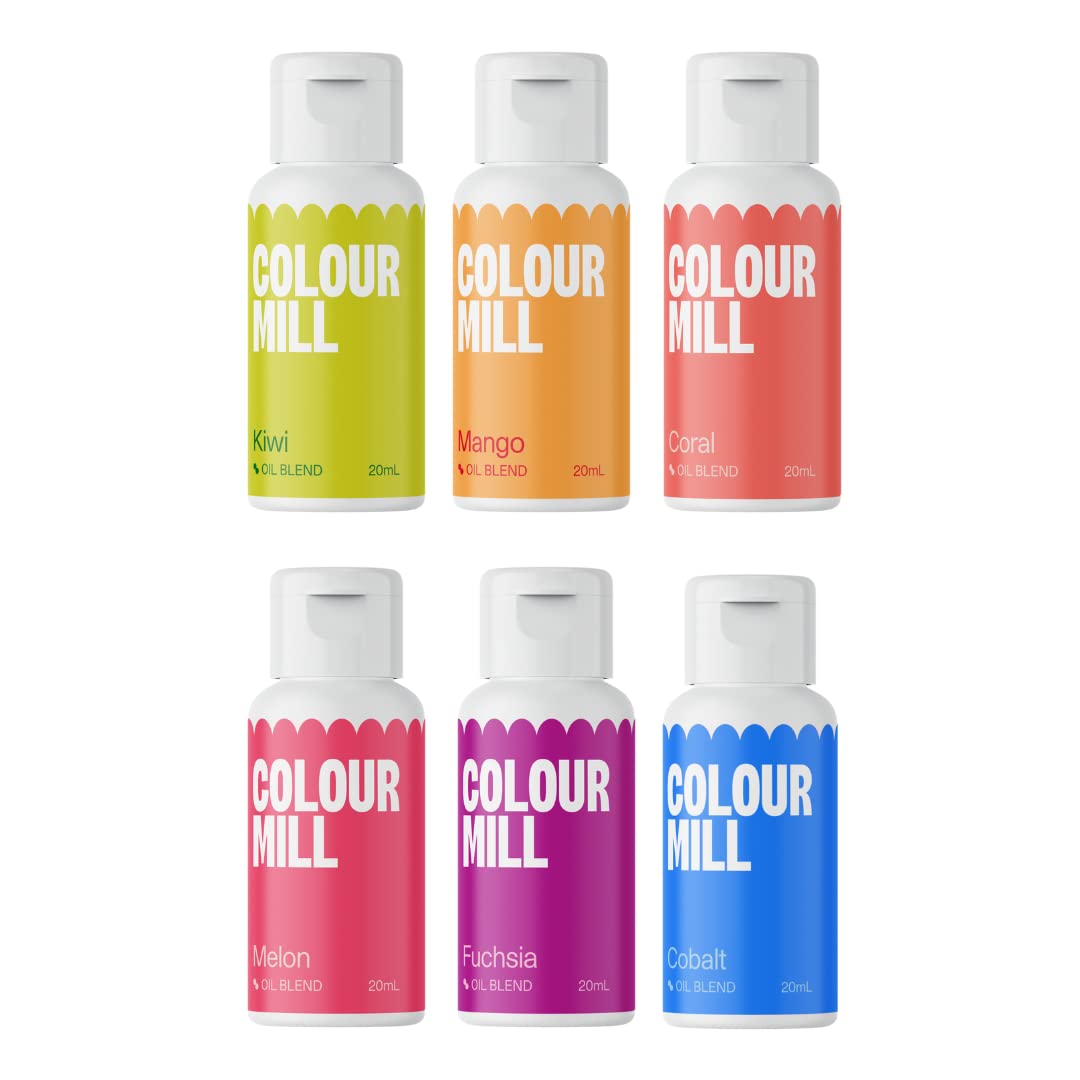 Colour Mill Oil-Based Food Coloring, Tropical Pack: 20 Milliliters Each of 6 Colors - Cobalt, Coral, Fuchsia, Kiwi, Mango and Melon
