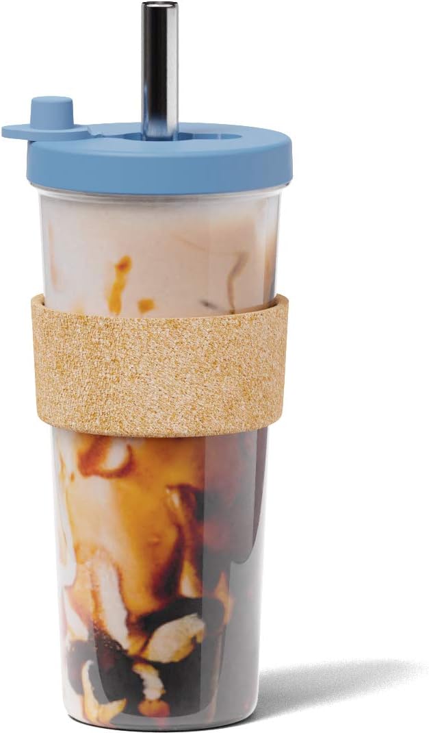Dodoko Reusable 24 oz Bubble Tea Cup with Lid and Straw - Iced Coffee Cup - Smoothie Tumbler to Go - Breeze Blue