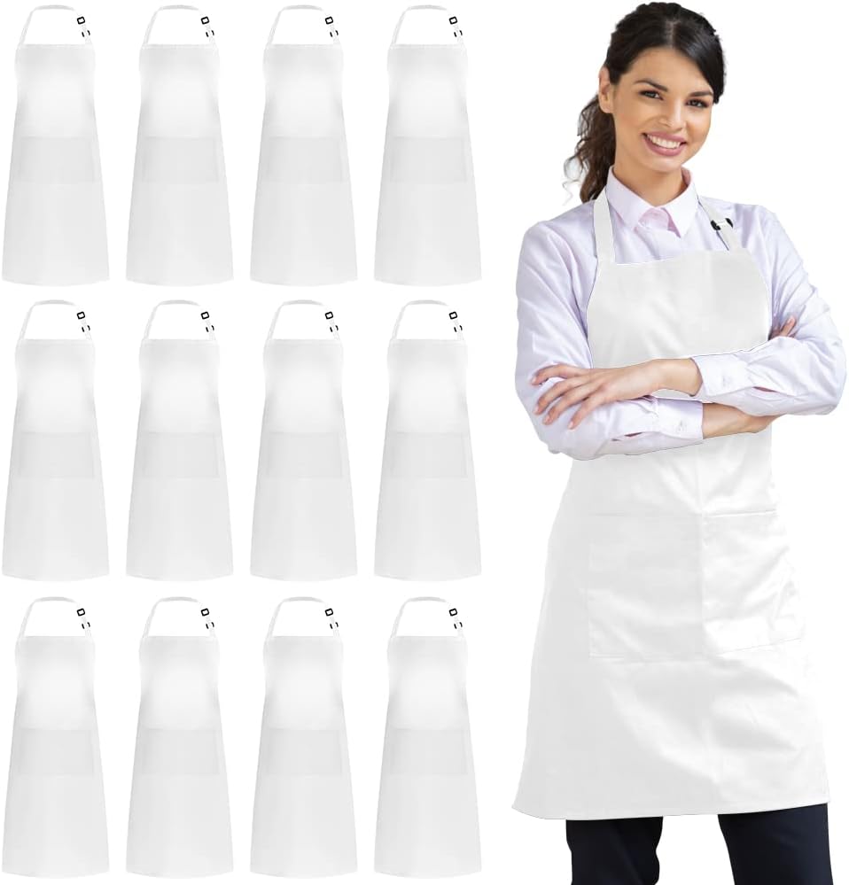 Syntus 12 Pack Bib Apron, Unisex Aprons Adjustable Thicker Version Waterdrop Resistant with 2 Pockets Cooking Kitchen Aprons for Women Men Chef, BBQ Drawing Apron Bulk, White