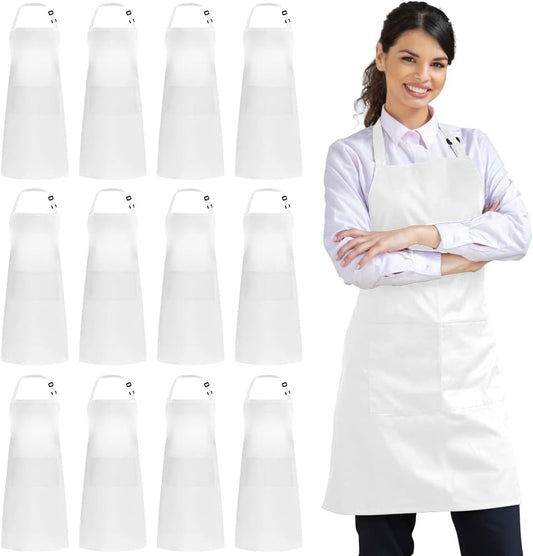 Syntus 12 Pack Bib Apron, Unisex Aprons Adjustable Waterdrop Resistant with 2 Pockets Cooking Kitchen Apron for Chef, BBQ Drawing Apron Bulk, White