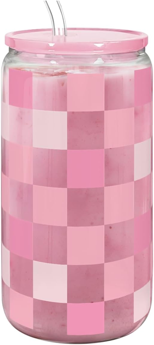 Checker 16 Oz Can Glass Tumbler with Acrylic Lid and Straw - Iced Coffee Cups for Women, Aesthetic Glass Cup Gift for Birthday Christmas