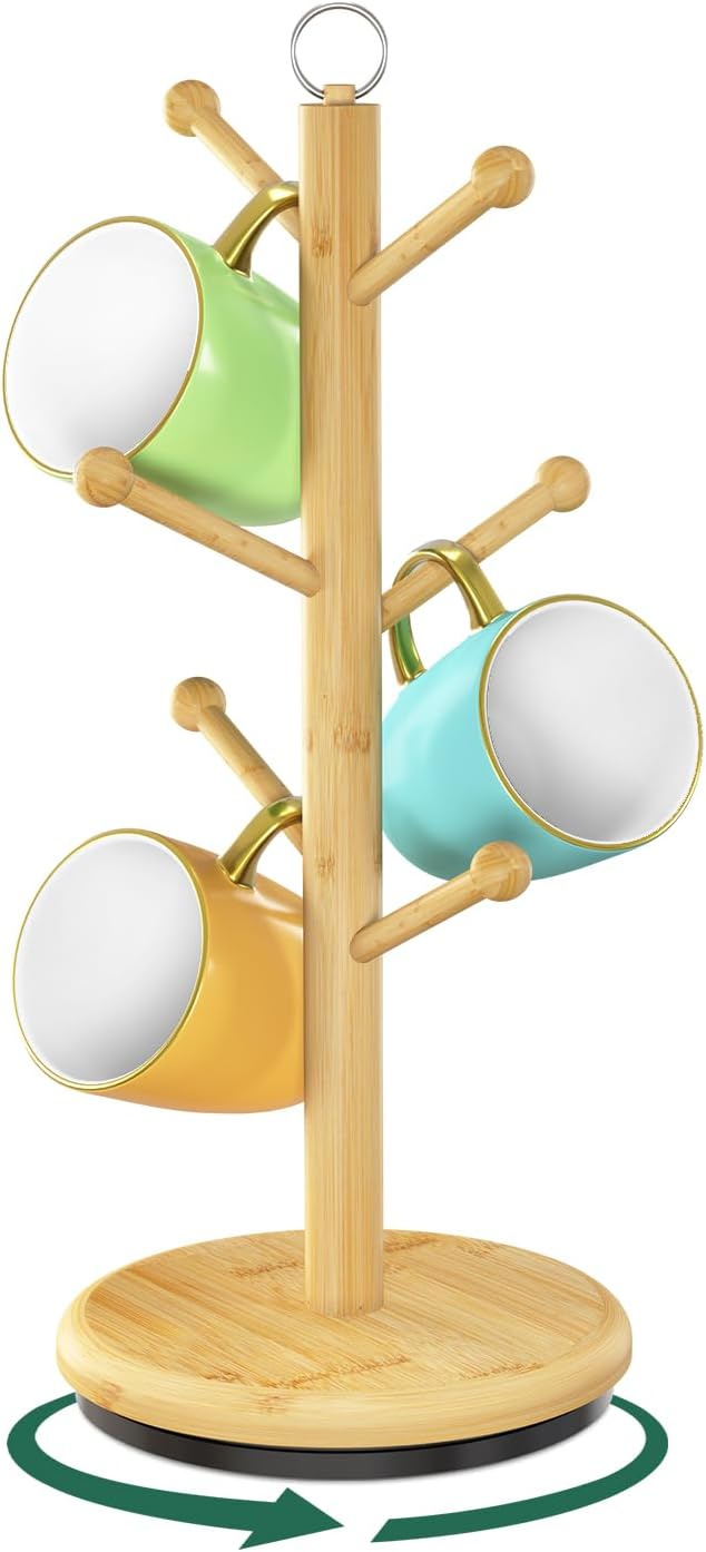 EsLuker.ly Mug Holder Tree Bamboo 360° Rotating Coffee Cup Display Rack with 6 Hooks for Home Kitchen Counter, Upgrade Wood Mug Stand Station Organizer, Building Your Dream Coffee Corner