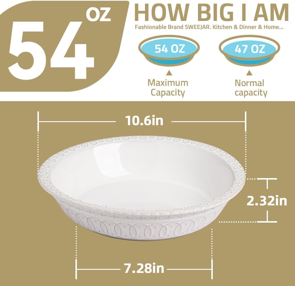Sweejar Ceramic Pie Pan for Baking,Round Baking Dish Pan for Dinner 10 Inches, Pie Dish Non-Stick Pie Plate for Quiche,Tart，Cake,Pumpkin Pie, Pot Pies (White)