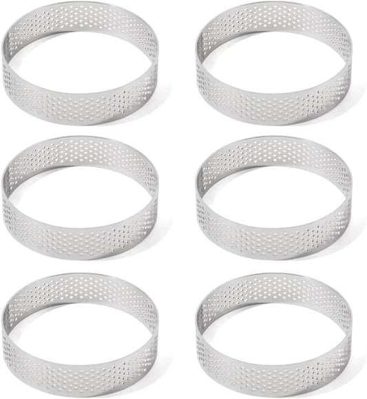 Guowall Stainless Steel Round Tart Ring Metal Perforated Cake Mold Pastry Molud for Circle Tartlet French Dessert Small Fruit Tarte Crust (6pcs)