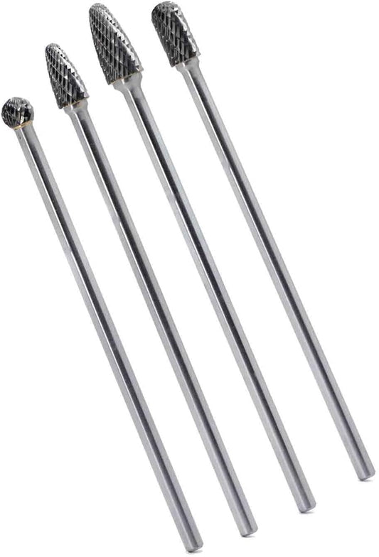 4pcs 6mm Shank Die Grinder Burr Set Rotary File Set Fits Rotary Tool 6-Inch Long Shank Tungsten Carbide Burr Set for Woodworking Drilling Carving Engraving