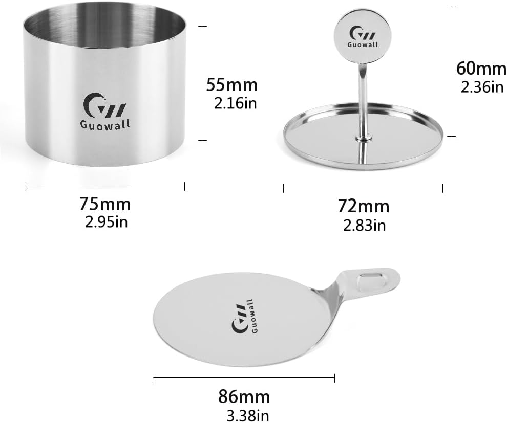 Guowall 6 Pack Seamless Cake Ring Molds Stainless Steel Mousse Rings 3 Inch Round Pastry Cutter for Baking (Includes 6 Rings 1 Pusher and 1 Lifter)
