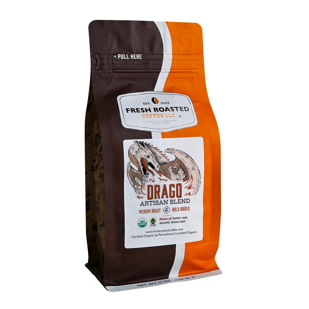 Fresh Roasted Coffee, Organic Drago Café Blend | USDA Organic, Kosher | Medium Roast 12 oz Ground