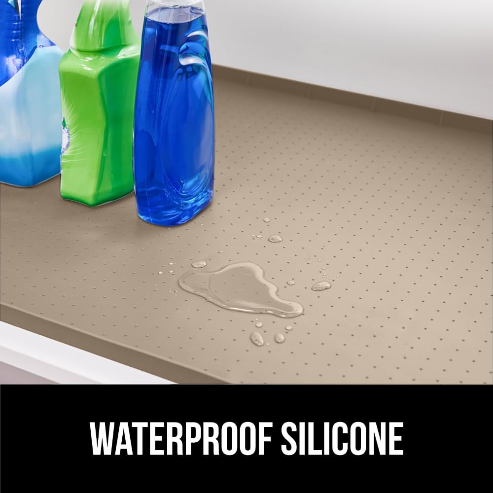 GORILLA GRIP Waterproof Silicone Under Sink Mat with Raised Lip for Kitchen and Bathroom, 28 x 22 in, Cabinet Shelf Liner Stay in Place Mats Dishwasher Safe Drawer Liner, Organizer Tray, Beige