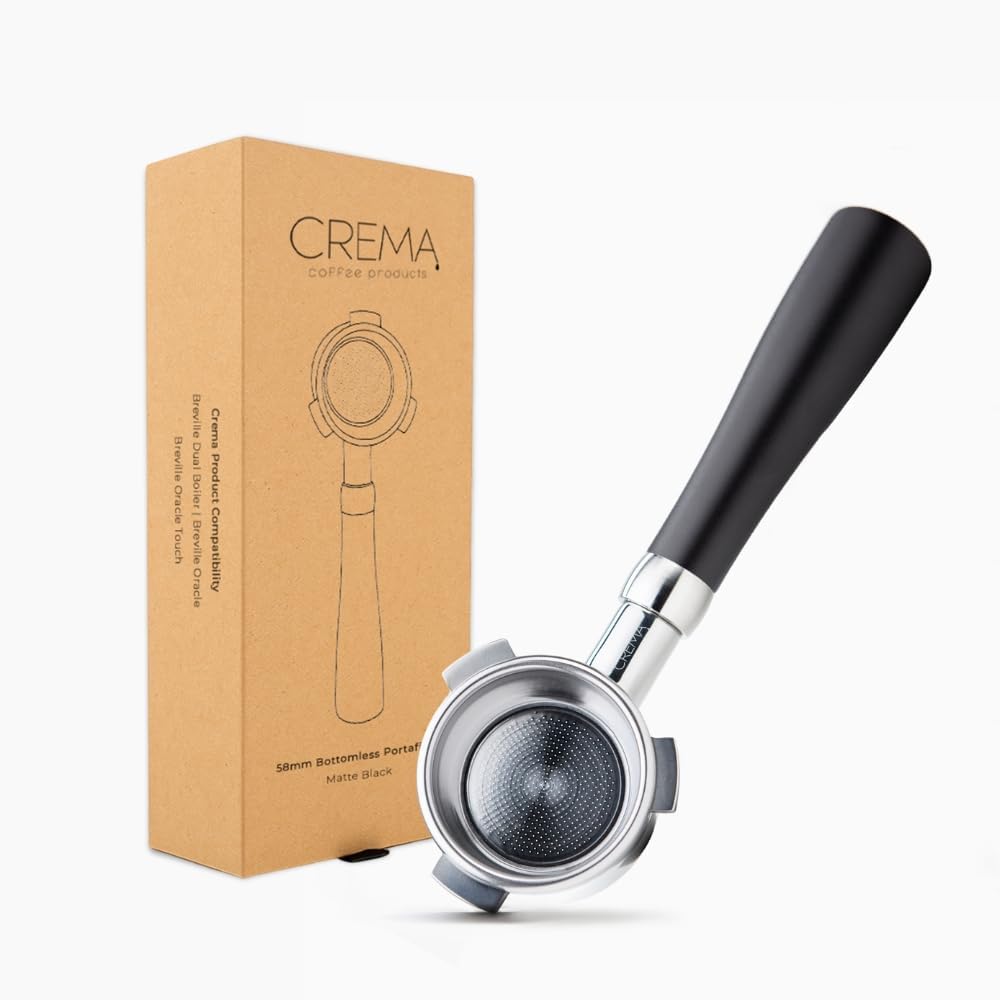 Crema Coffee Products 58mm Bottomless Naked Portafilter | Compatible with 54mm Breville Machines | Includes Double Shot Filter Basket | Matte Black