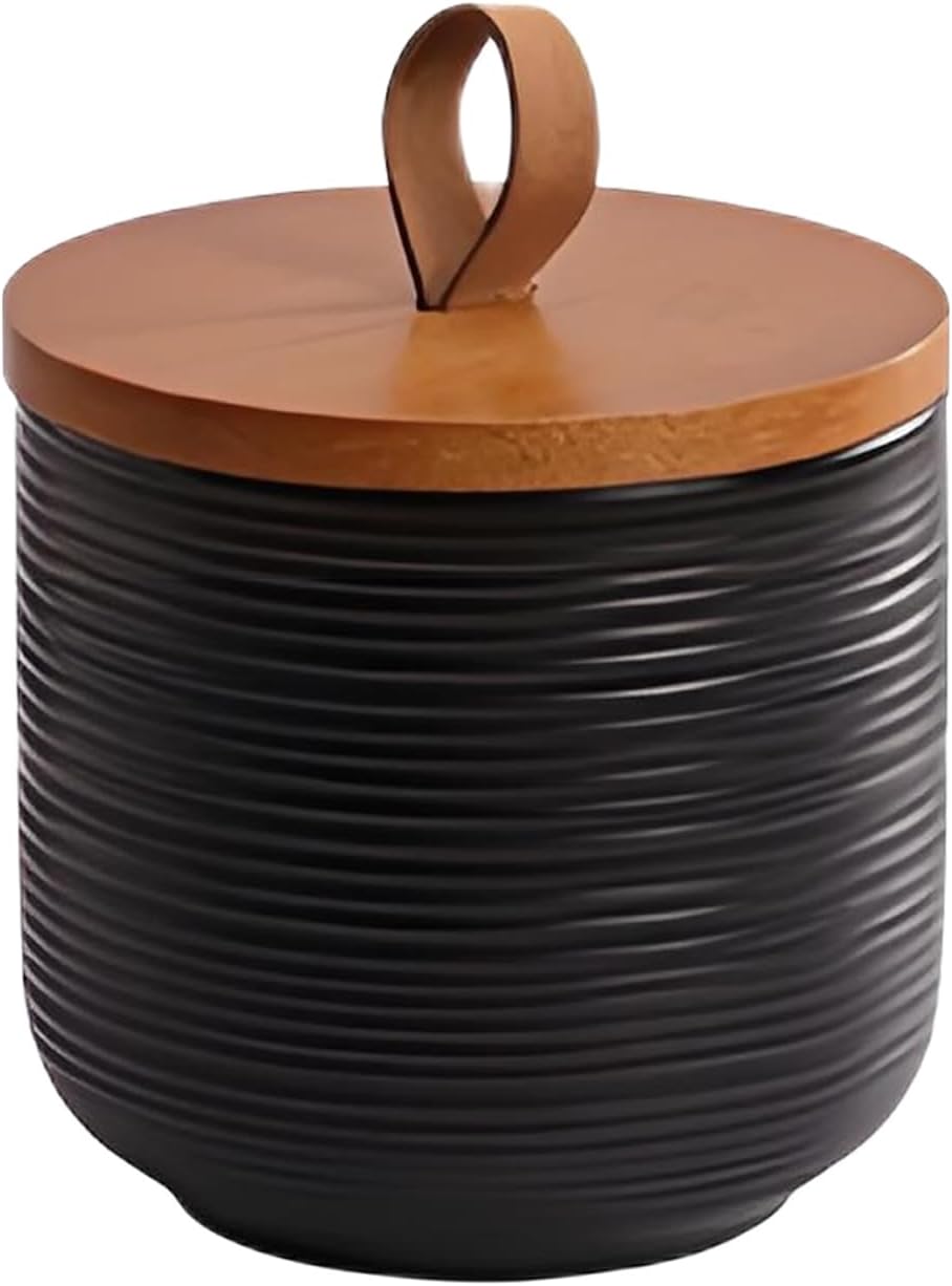 Food Storage Jar Strong Ceramic Storage Canisters with Airtight Wooden Lid,Kitchen Storage Containers for Serving Coffee Beans, Tea, Sugar, Salt, Spices (Little black)