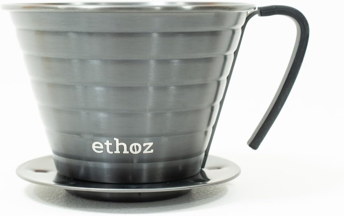 Ethoz® Pour Over Coffee Maker – Sustainable Stainless Steel Pour Over with Built-In Reusable Filter, Flat/Convex Bottom for Even Extraction, Eco-Friendly Design, Precision Anywhere Brewing