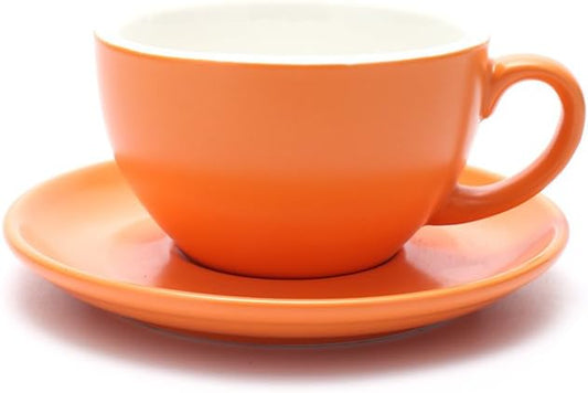 Ceramic Latte Art Cup and Saucer for Latte & Cappuccino, Mate for Coffee Shop and Barista (Matte Orange, 10.5 oz)