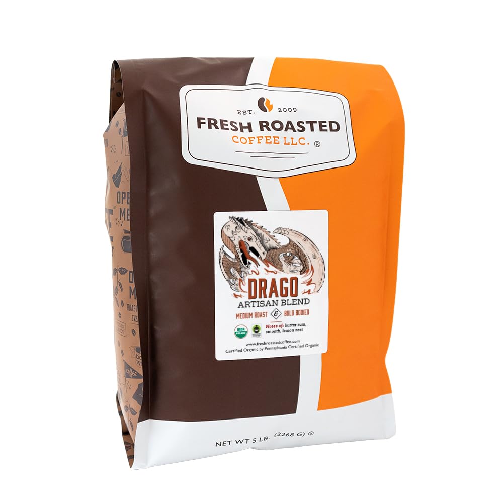 Fresh Roasted Coffee, Organic Drago Café Blend | USDA Organic, Kosher | Medium Roast 5 lb (80 oz) Whole Bean