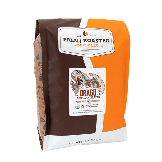Fresh Roasted Coffee, Organic Drago Café Blend | USDA Organic, Kosher | Medium Roast 5 lb (80 oz) Ground