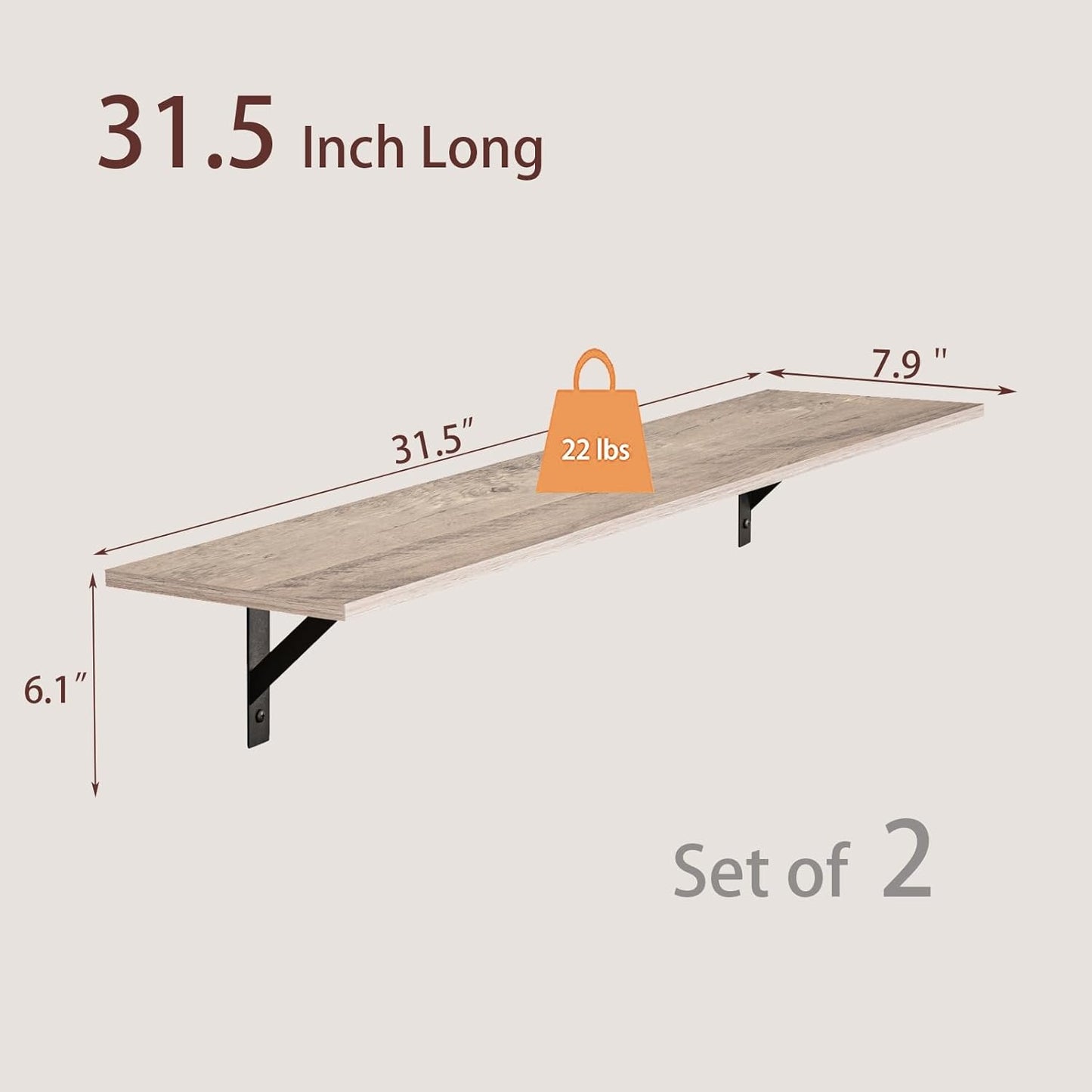 DINZI LVJ Long Wall Shelves, 31.5 Inch Wall Mounted Shelves Set of 2, Easy-to-Install, Wall Storage Ledges with Sturdy Metal Brackets for Living Room, Bathroom, Bedroom, Kitchen, Greige