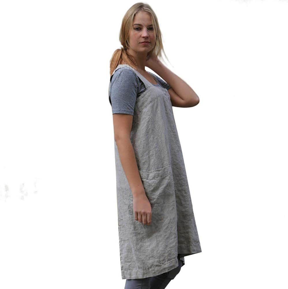 Women's Pinafore Square Apron Baking Cooking Gardening Works Cross Back Cotton/Linen Blend Dress with 2 Pockets