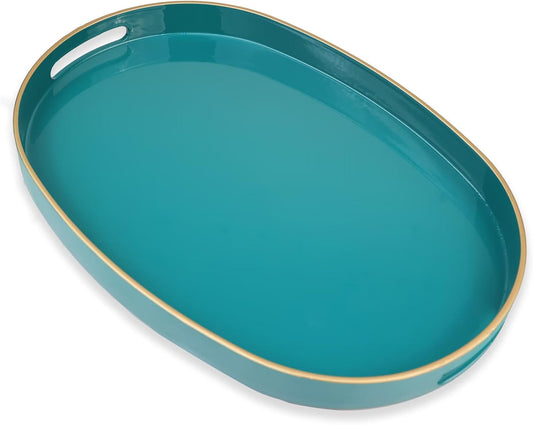 Green Oval Decorative Tray with Handles, Versatile Serving Tray for Coffee Table, Ottoman, Ideal for Serving, Displaying, Organizing