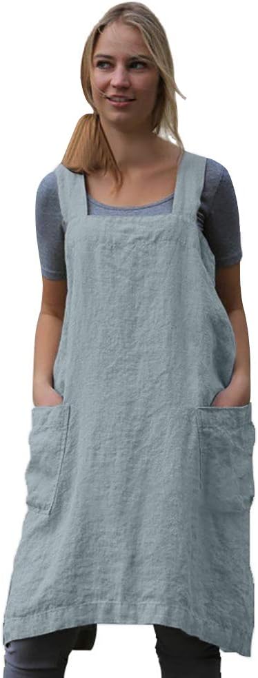 Women's Pinafore Square Apron Baking Cooking Gardening Works Cross Back Cotton/Linen Blend Dress with 2 Pockets