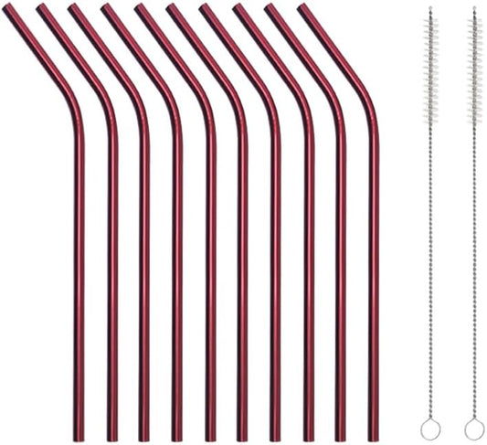 10 Pcs Stainless Steel Straws, Reusable Drinking Straws, Bent Metal Straw Sets with 2 Pcs Cleaning Brushes (Red, 10.5 Inch)
