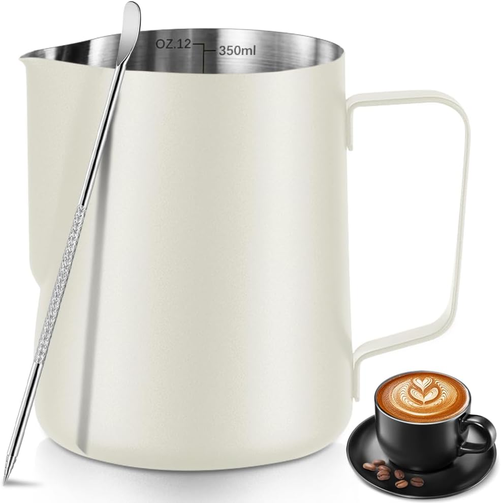 Frothing Milk Pitcher, 12 oz/350 ml Stainless Steel Frothing Milk Jug with Latte Art Pen,with Internal Measurements, for Cappuccino, Espresso and More（white）
