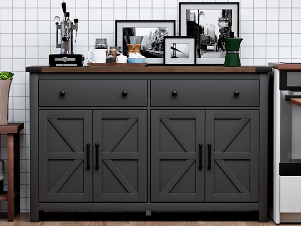 55" Sideboard Buffet Cabinet with Storage, Coffee Bar Cabinet with 2 Drawers and 4 Barn Doors, Long Storage Cabinet Modern Farmhouse, Black Wood, for Kitchen, Dining Room, Living Room