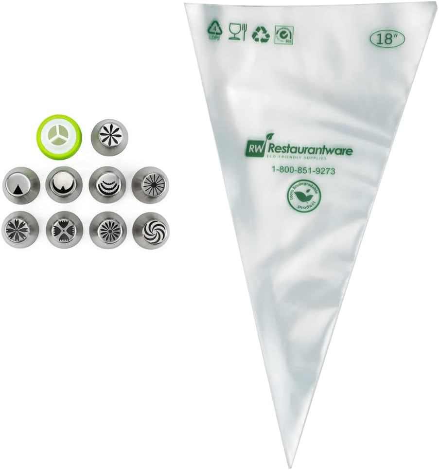 Restaurantware Pastry Tek Russian Piping Tips Set 20 Piece Durable Cake Decorating Kit - 9 Piping Tips 10 Piping Bags Stainless Steel Piping Bags And Tips Set 1 Tri-Color Coupler