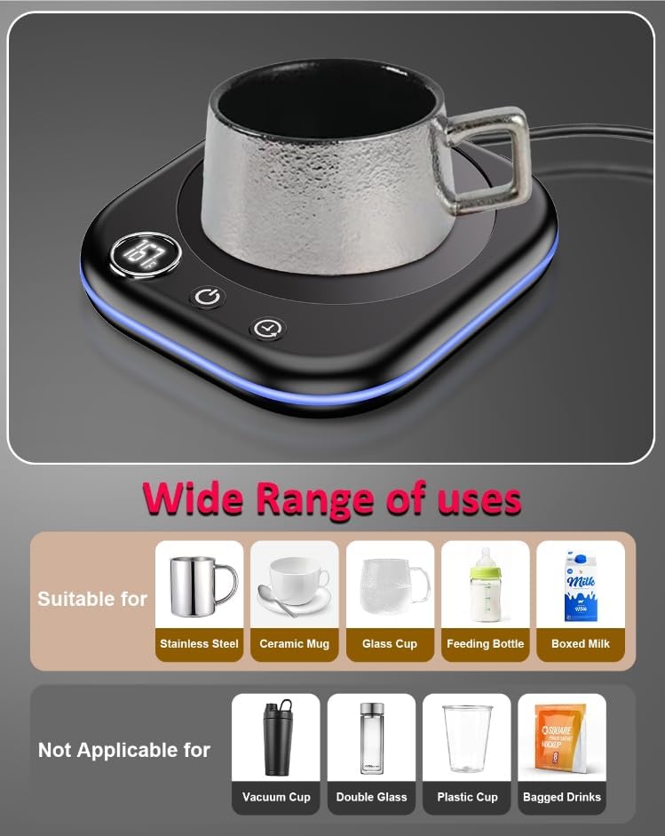 Mug Warmer,40W Coffee Mug Warmer for Desk with Temperature Display, 4H Auto Shut Off, 3 Temp Settings & 1-12H Timer, Smart Electric Beverage Warmer for Coffee, Tea, Water, Milk and Coco(Black)