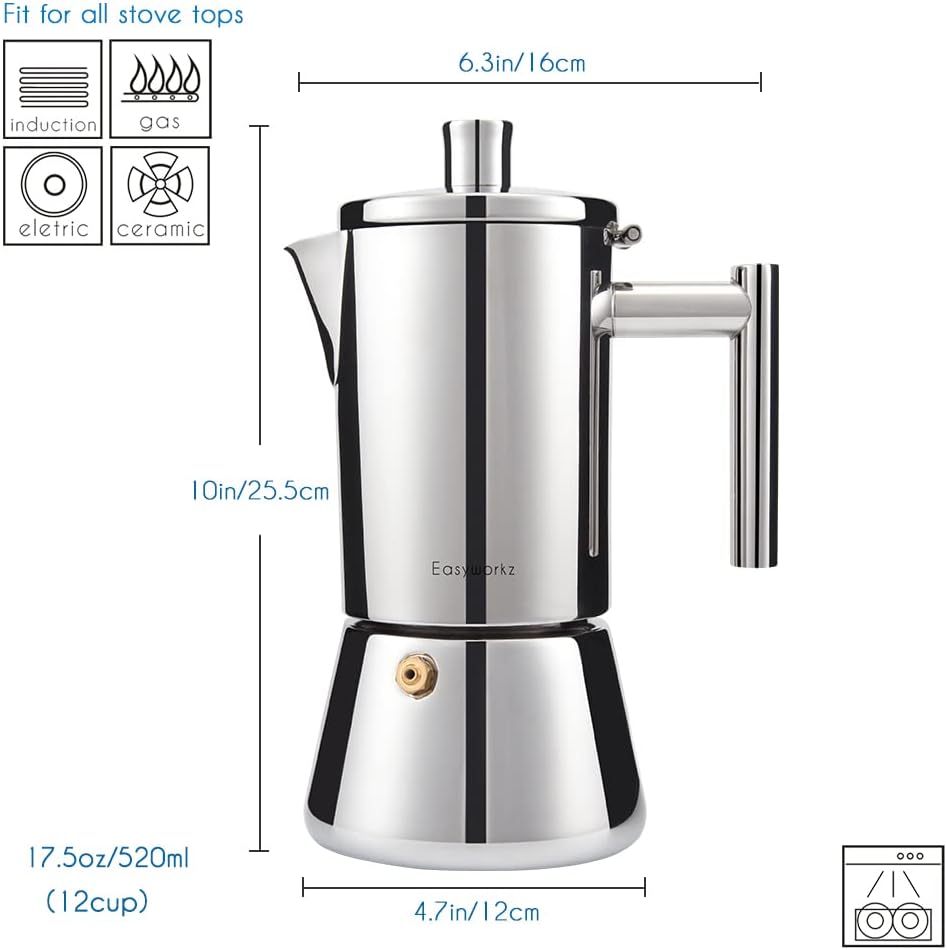 Easyworkz Diego Stovetop Espresso Maker Stainless Steel Italian Coffee Machine Maker 12Cup 17.5 oz Induction Moka Pot