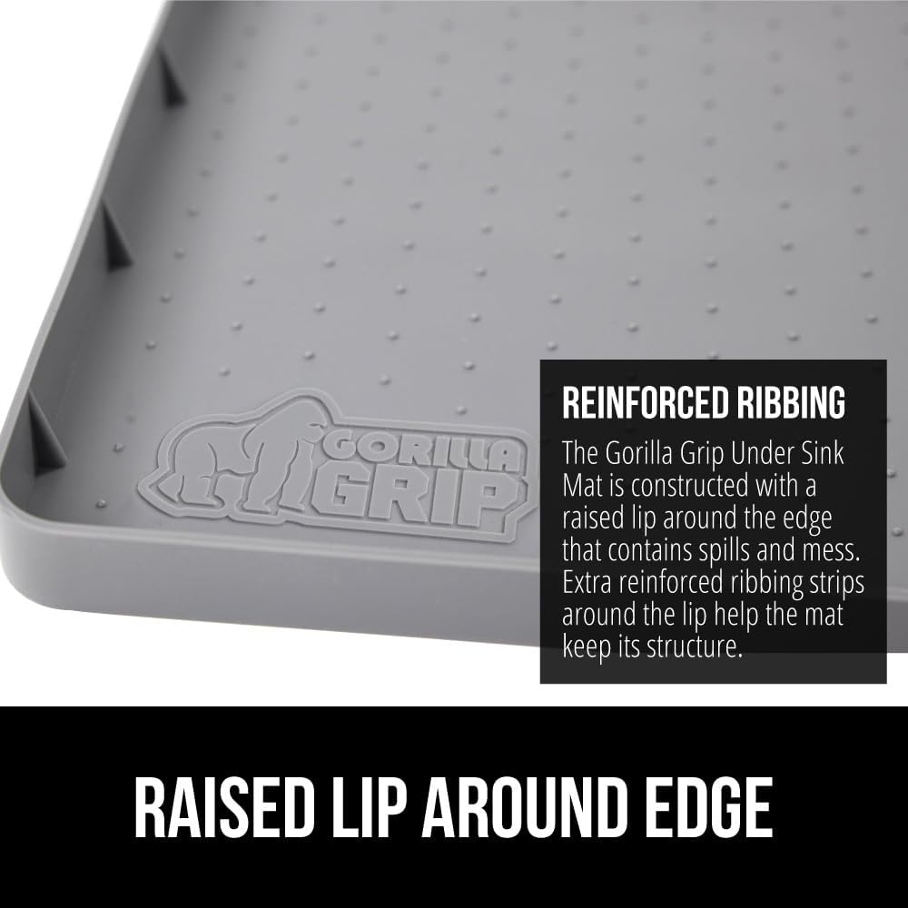 GORILLA GRIP Waterproof Silicone Under Sink Mat with Raised Lip for Kitchen and Bathroom, 46 x 22 in, Cabinet Shelf Liner Stay in Place Mats Dishwasher Safe Drawer Liner, Organizer Tray, Gray