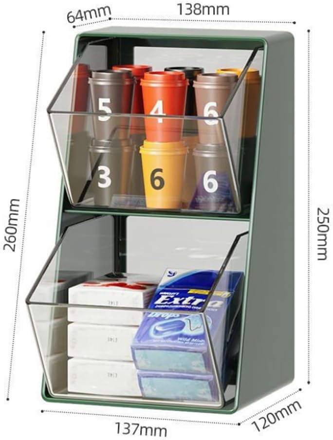K Cup Holder, Large Capacity Tea Bag Organizer with 2 Drawers, Clear Coffee Pod Storage for Creamer, Sugar, Snack, Stationery, Cookies, Hair Tie - Green