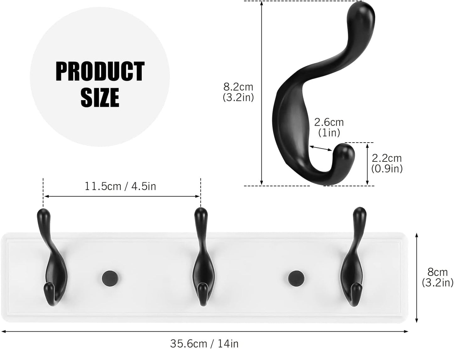 Wooden Coat Rack, Wall-Mounted Organizer for Closet, Entryway, Hallway, Foyer, Bedroom, Heavy Duty Double Hooks for Hanging Towels, Bags, Hats, Jackets, Key (WhiteBlack, 3 Hooks)