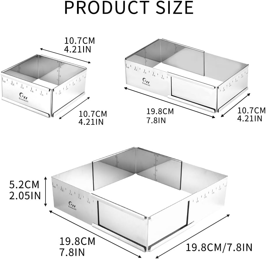 Guowall Stainless Steel Extensible Cake Ring Mold Detachable Square Shaped Mousse Ring Nonstick Cake Mould for Baking Tools - 4in