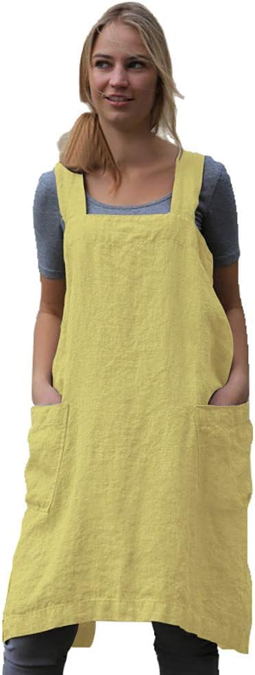 Women's Pinafore Square Apron Baking Cooking Gardening Works Cross Back Cotton/Linen Blend Dress with 2 Pockets