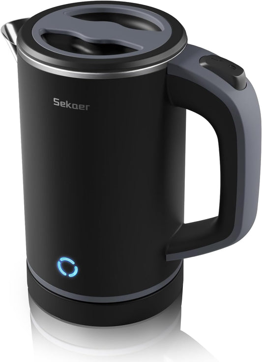 Sekaer Small Electric Tea Kettle Stainless Steel 0.8L Portable Travel Hot Water Boiler, Mini Electric Coffee Kettle with Auto Shut-Off & Boil Dry Protection, Cordless Base & LED Indicator