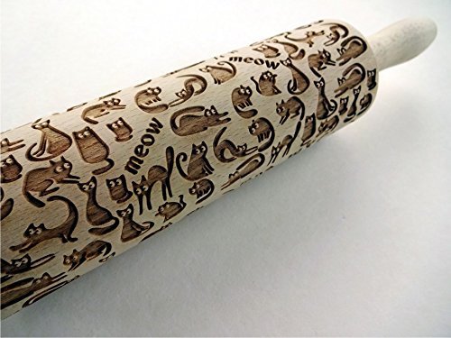MEOW CATS EMBOSSING ROLLING PIN WOODEN HANDMADE ROLLING PIN with CATS GIFT FOR CAT LOVERS
