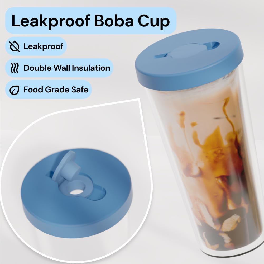Dodoko Reusable Boba/Bubble Tea Cup - 17 oz with Lid & Straw; Cold Coffee/Smoothie Cup to Go - Breeze Blue