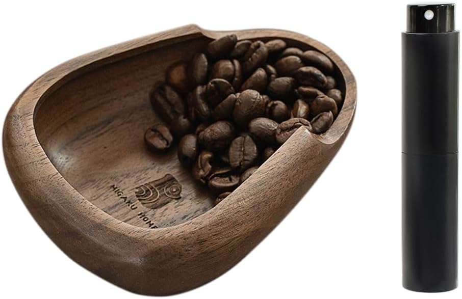Coffee Bean Dosing Cup & RDT Spray Bottle Set - Walnut Wood Espresso Accessories Kit with Static Reduction Spray, Measuring Tray for Coffee/Tea ﻿