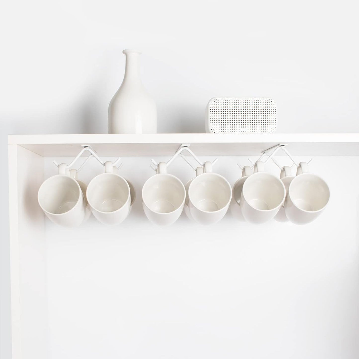 Cabinet Hook Mug Holder - Hanging Coffee Cup Rack for Kitchen, Under Cabinets Metal Hangers Organizer Shelf Storage Utensil (White)