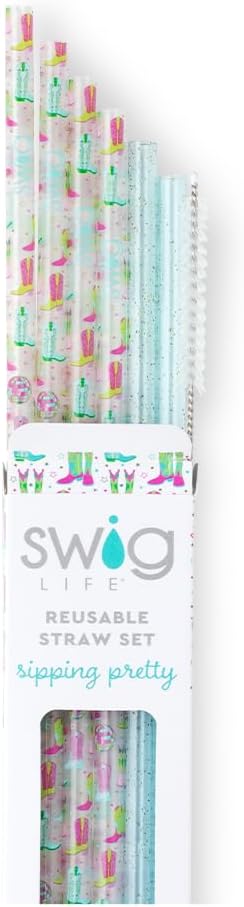 Swig Life Reusable Straws Disco Cowgirl + Aqua Glitter Tall Straw Set & Cleaning Brush, Each Straw is 10.25 inch Long (Fits Swig Life 20oz Tumblers, 22oz, and 32oz Tumblers)