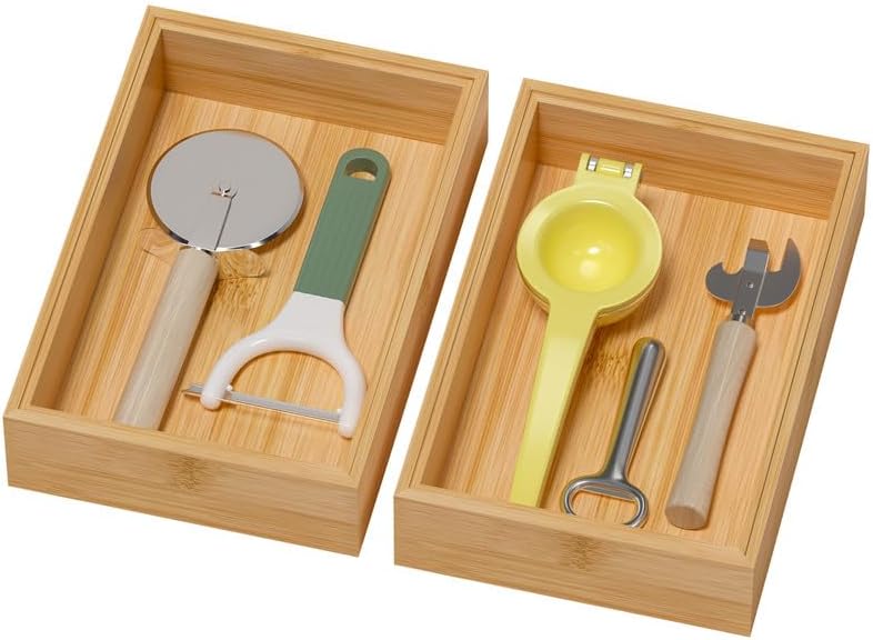Bamboo Drawer Organizer, Cutlery Silverware Organizer for Kitchen Drawer, Stackable Utensil Organizer, 2 Pcs Flatware Organizer for Drawer, Wooden Storage Box Tray (Bamboo, 9 X 6 X 2 Inch)
