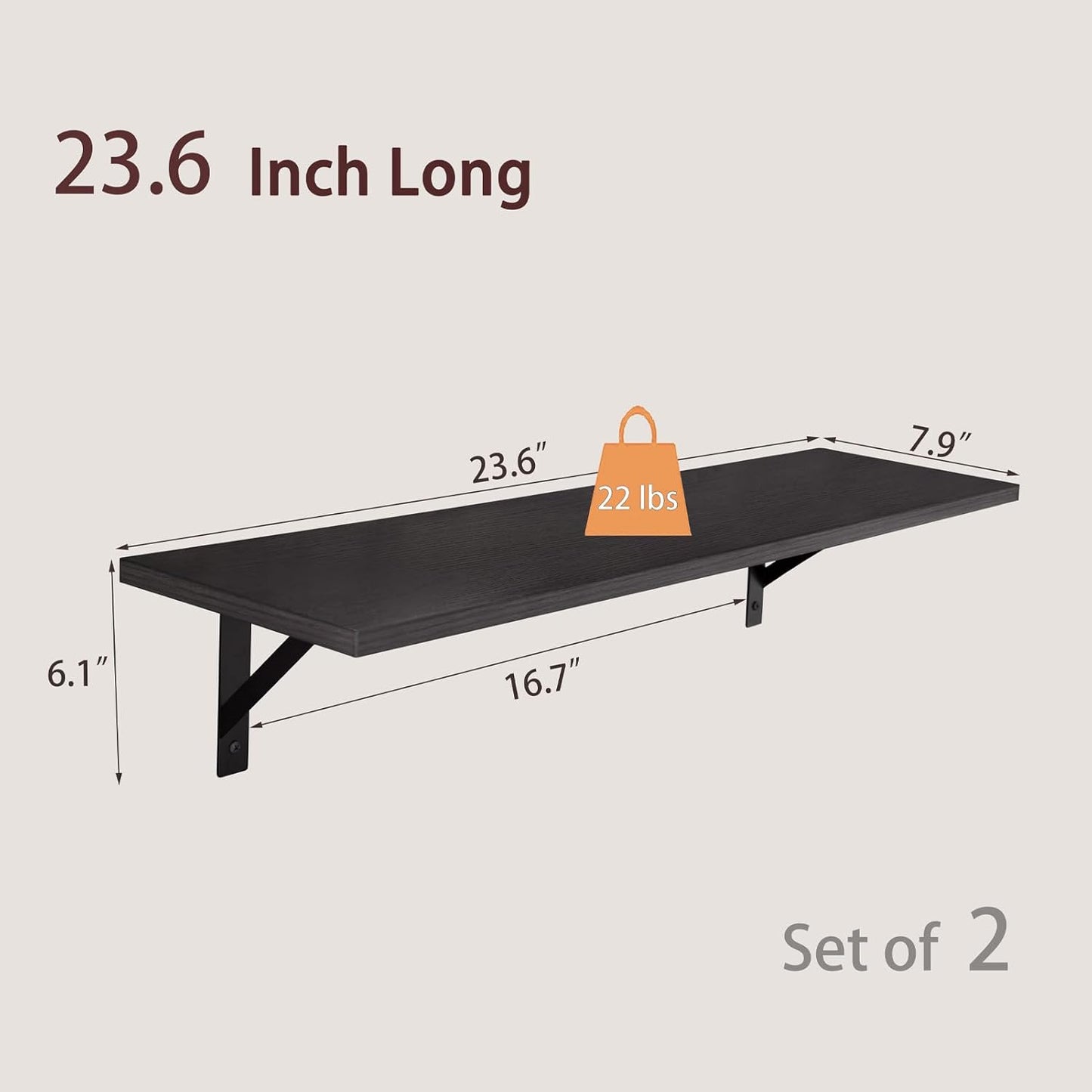 DINZI LVJ Long Wall Shelves, 23.6 Inch Wall Mounted Shelves Set of 2, Easy-to-Install, Storage Ledges with Sturdy Metal Brackets for Living Room, Bathroom, Bedroom, Kitchen, Espresso